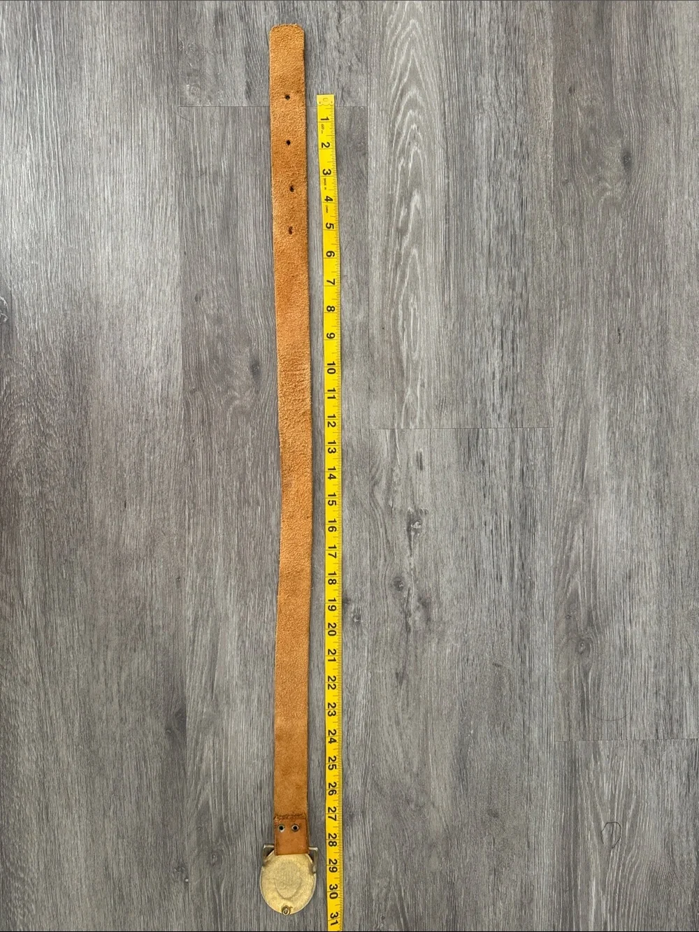 Vintage Handmade Tan Leather Belt with Gold & Red Sunburst Buckle